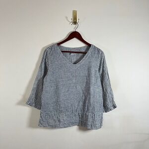 Color Me Cotton Linen Gingham Blouse Gray USA Made Boxy Fit 3/4 Sleeve Small